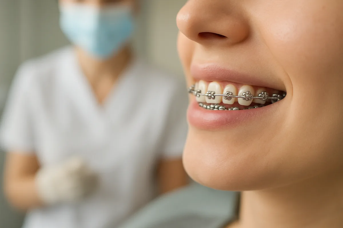Aparat dentar fix metalic pe arcada superioară, cu bracket-uri și sârmă termo-activă