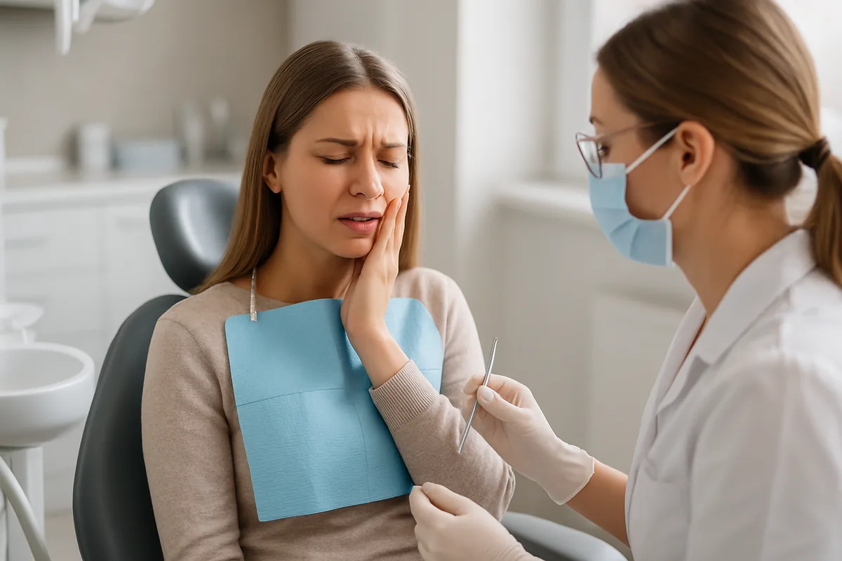 Pacientă care simte sensibilitate dentară la rece după ședința de detartraj