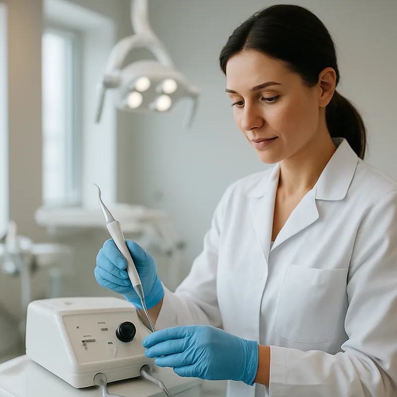 Medic stomatolog reglează puterea aparatului de detartraj cu ultrasunete la cabinetul stomatologic