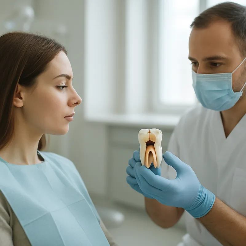 Carie cu cavitație vizibilă în smalț și dentină pe un molar, evaluată la consultația de odontoterapie