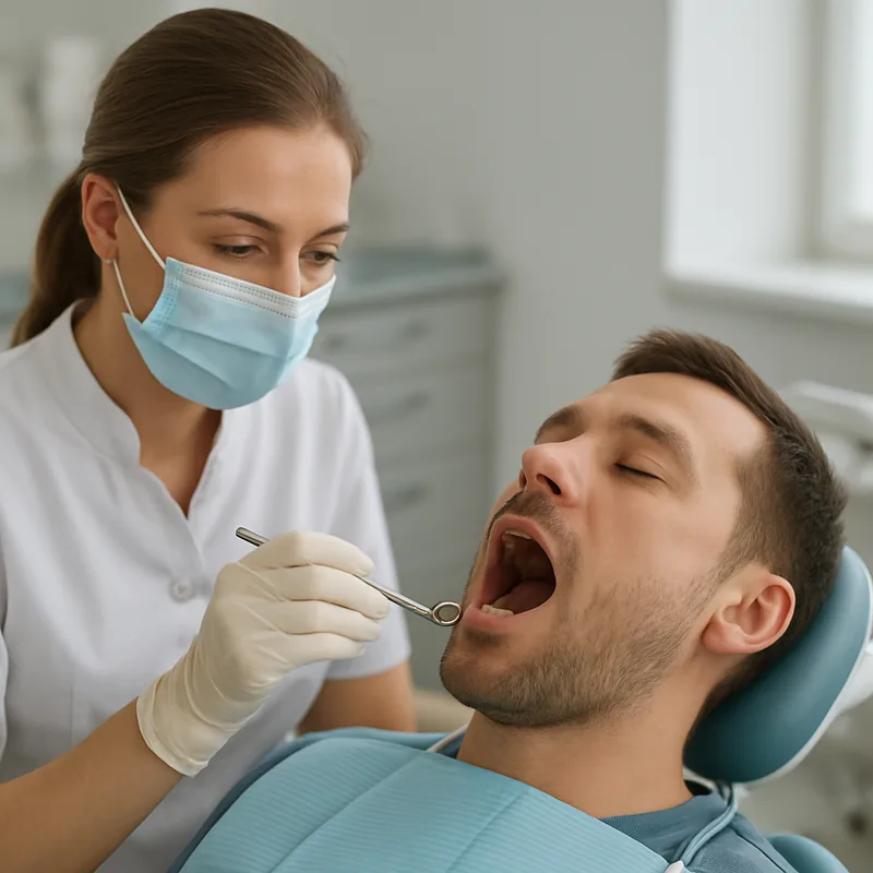 Molar cu distrucție coronară extinsă evaluat pentru tratament de canal sau extracție în cabinetul stomatologic