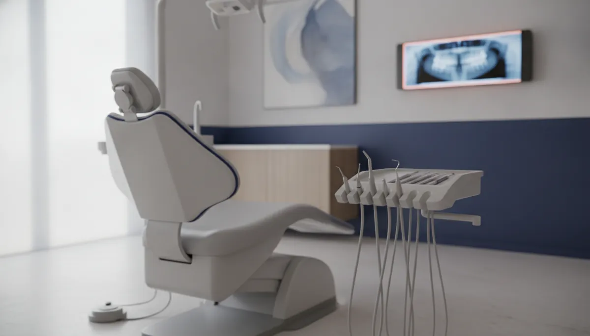 Cabinet stomatologic modern pregatit pentru o consultatie de chirurgie orala, cu scaun si trusa de instrumente, cabinetul stomatologic